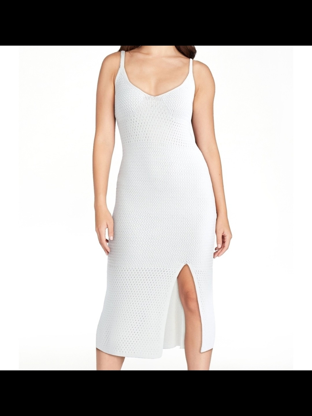 Women’s White Knit Midi Dress with Front Slit